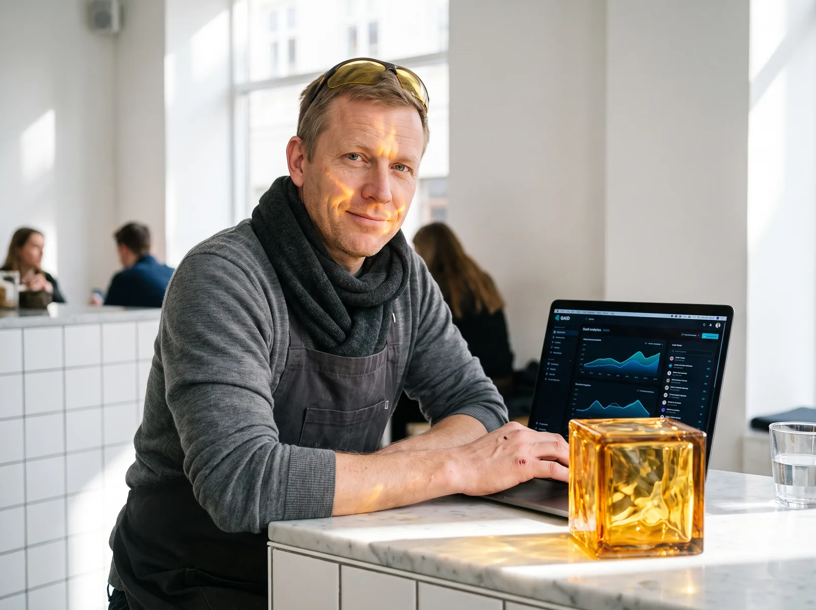 An engineer from Facetworks working in a coffee shop