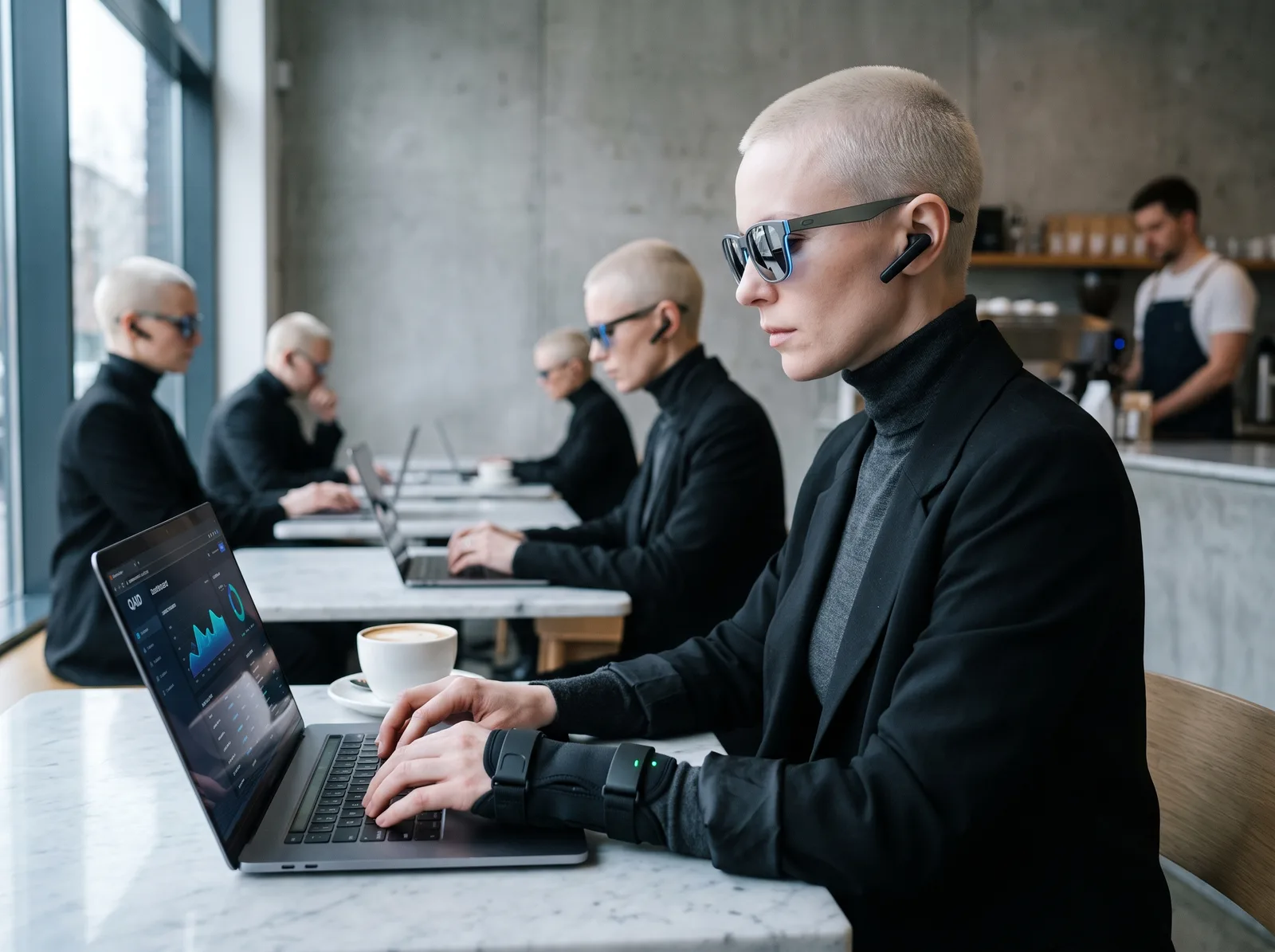An engineer from Hivemesh working in a coffee shop