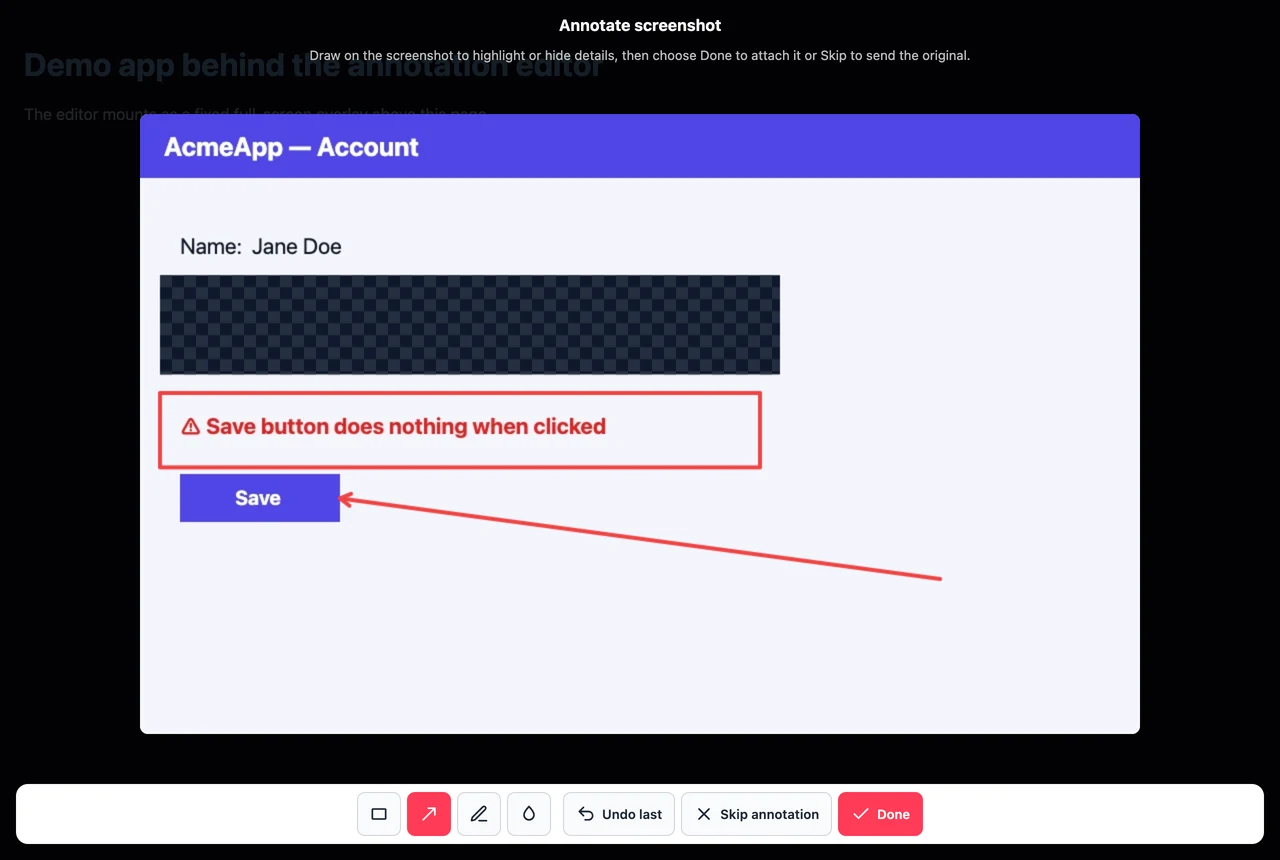 The annotation editor: a captured screenshot with a highlighted region, an arrow, and a redacted block, plus a toolbar of drawing tools
